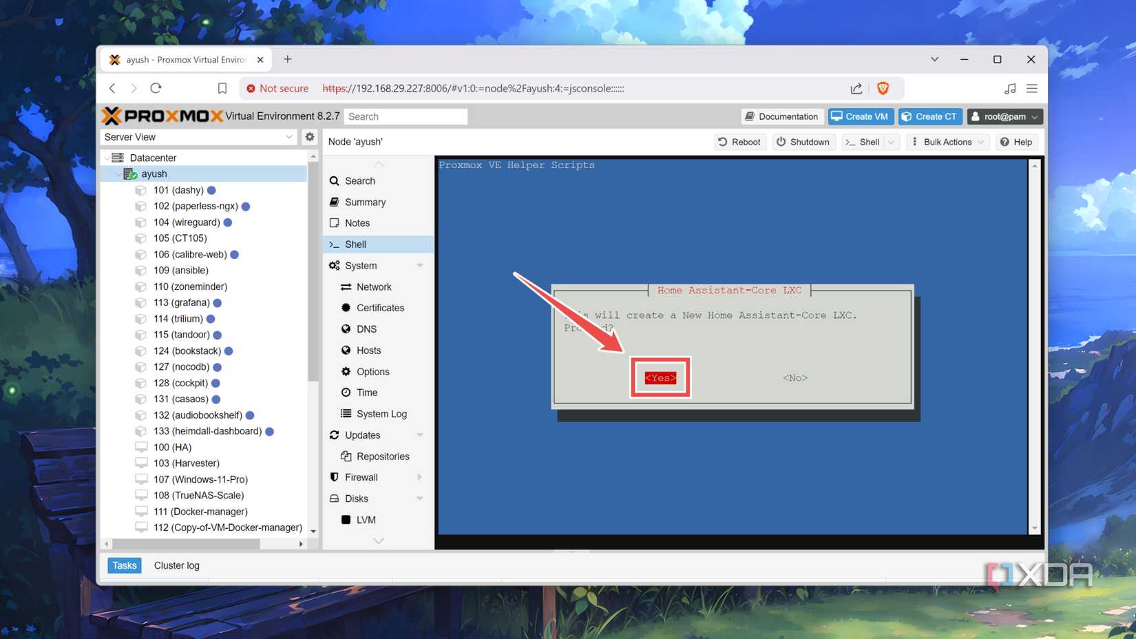 Tapping Yes to install HASS inside Proxmox