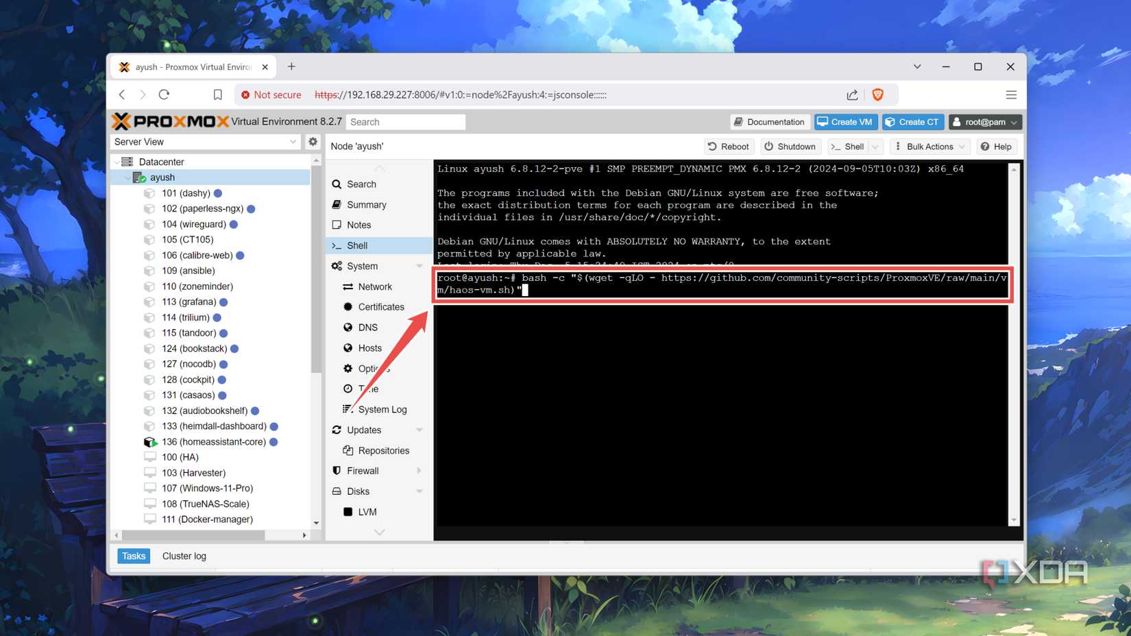 The command to install HASS inside a VM on Proxmox