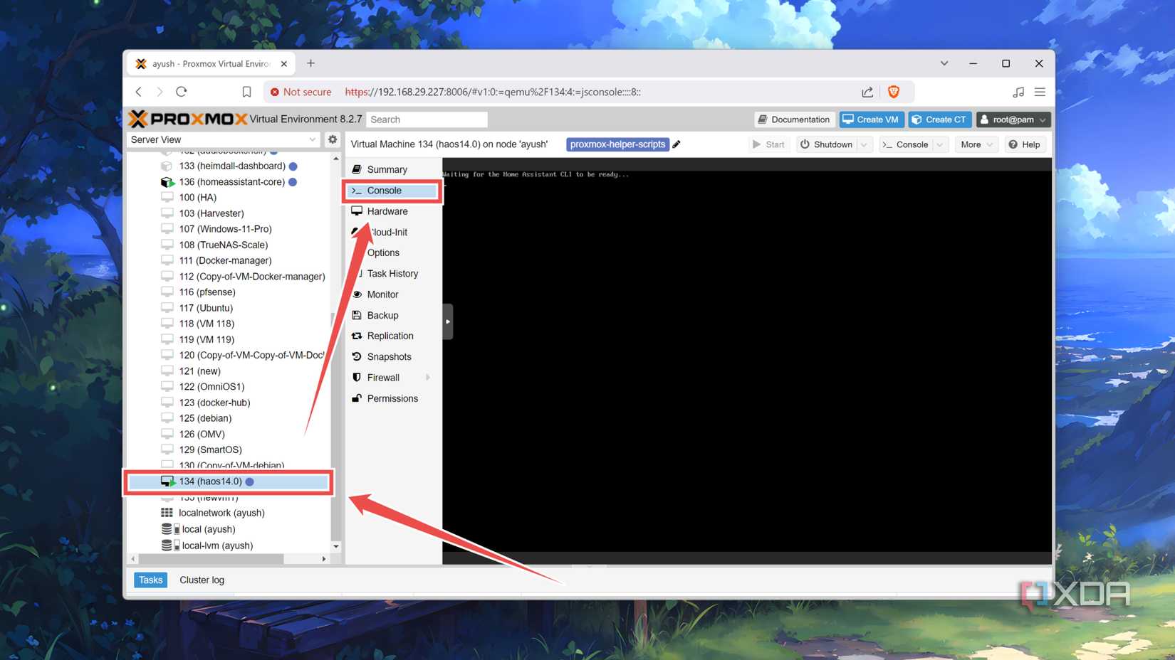 Accessing the Console tab of the HAOS VM