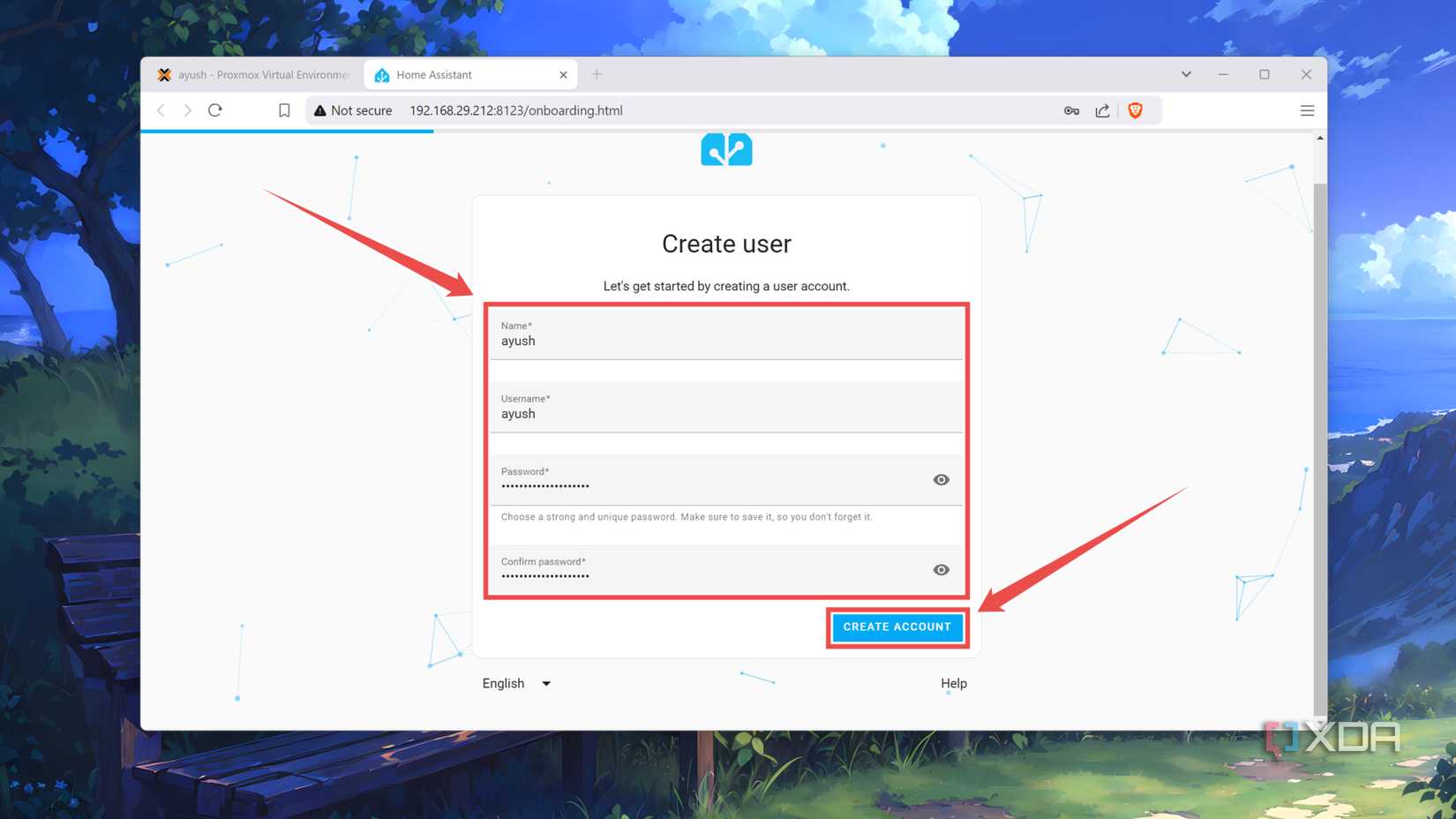 Entering the account credentials in the HASS web UI