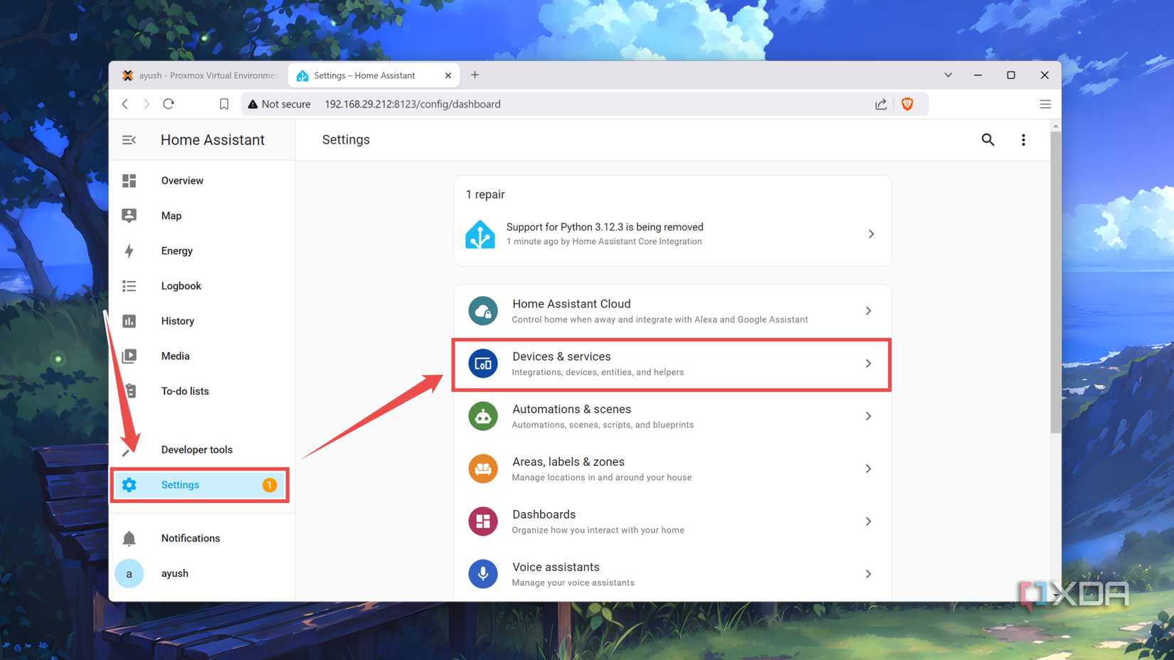 Accessing the Devices & services tab in the Home Assistant web UI