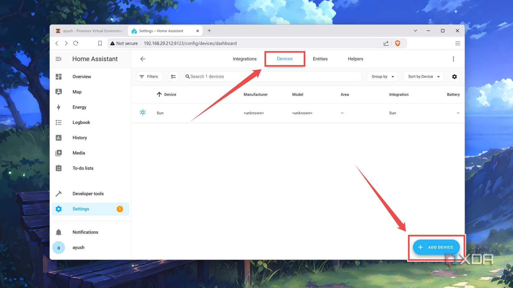 The Add Device option in the Home Assistant web UI