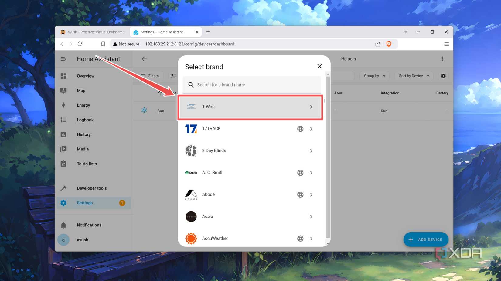 Picking the brand of a smart home device in the Home Assistant web UI