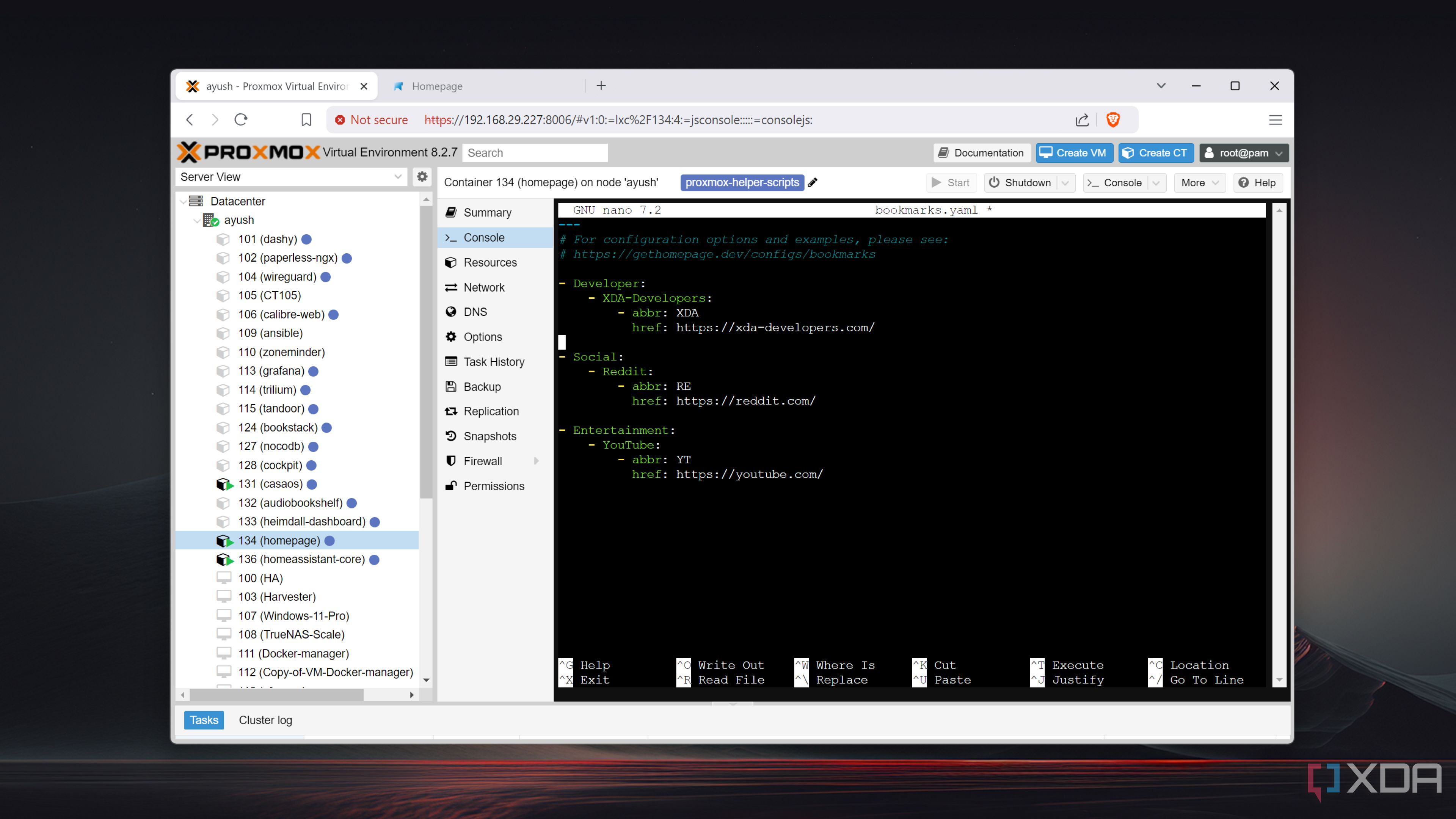 Accessing the Homepage container in Proxmox