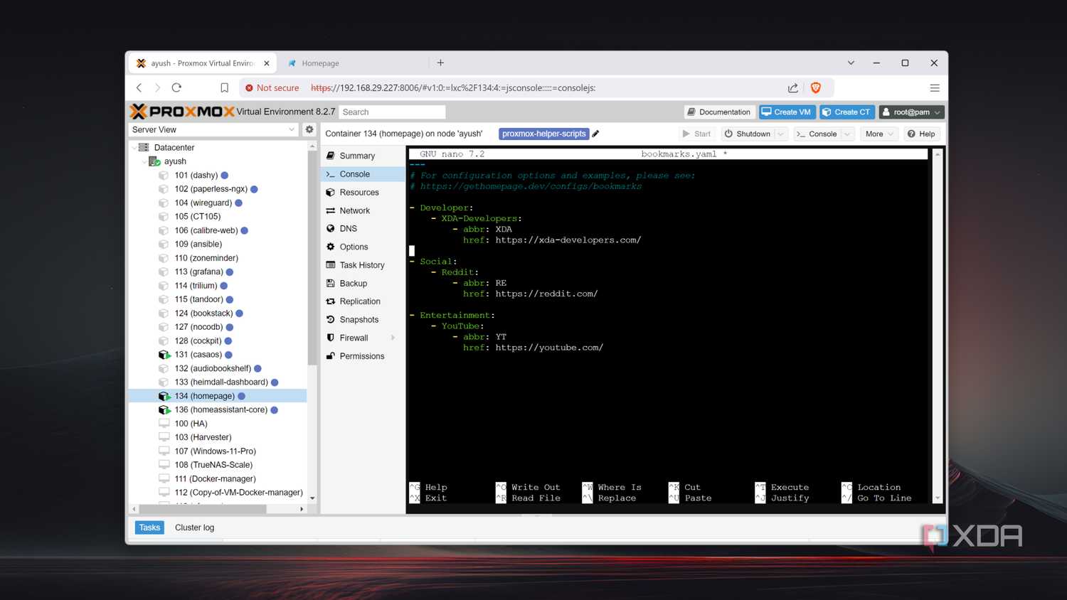 Accessing the Homepage container in Proxmox