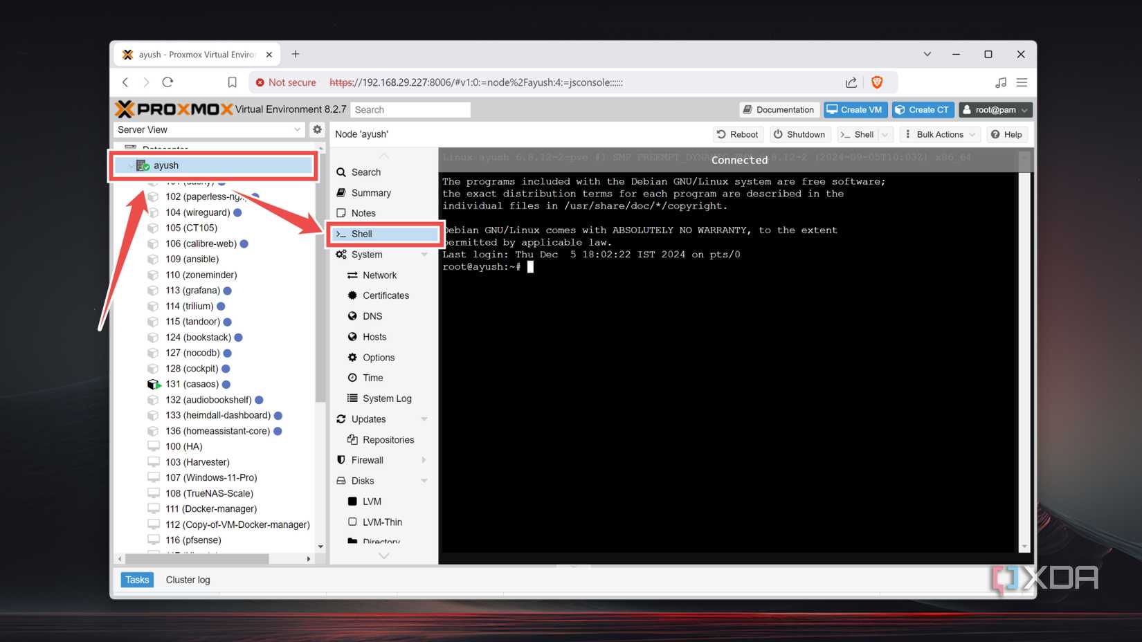 Accessing the Shell UI inside Proxmox