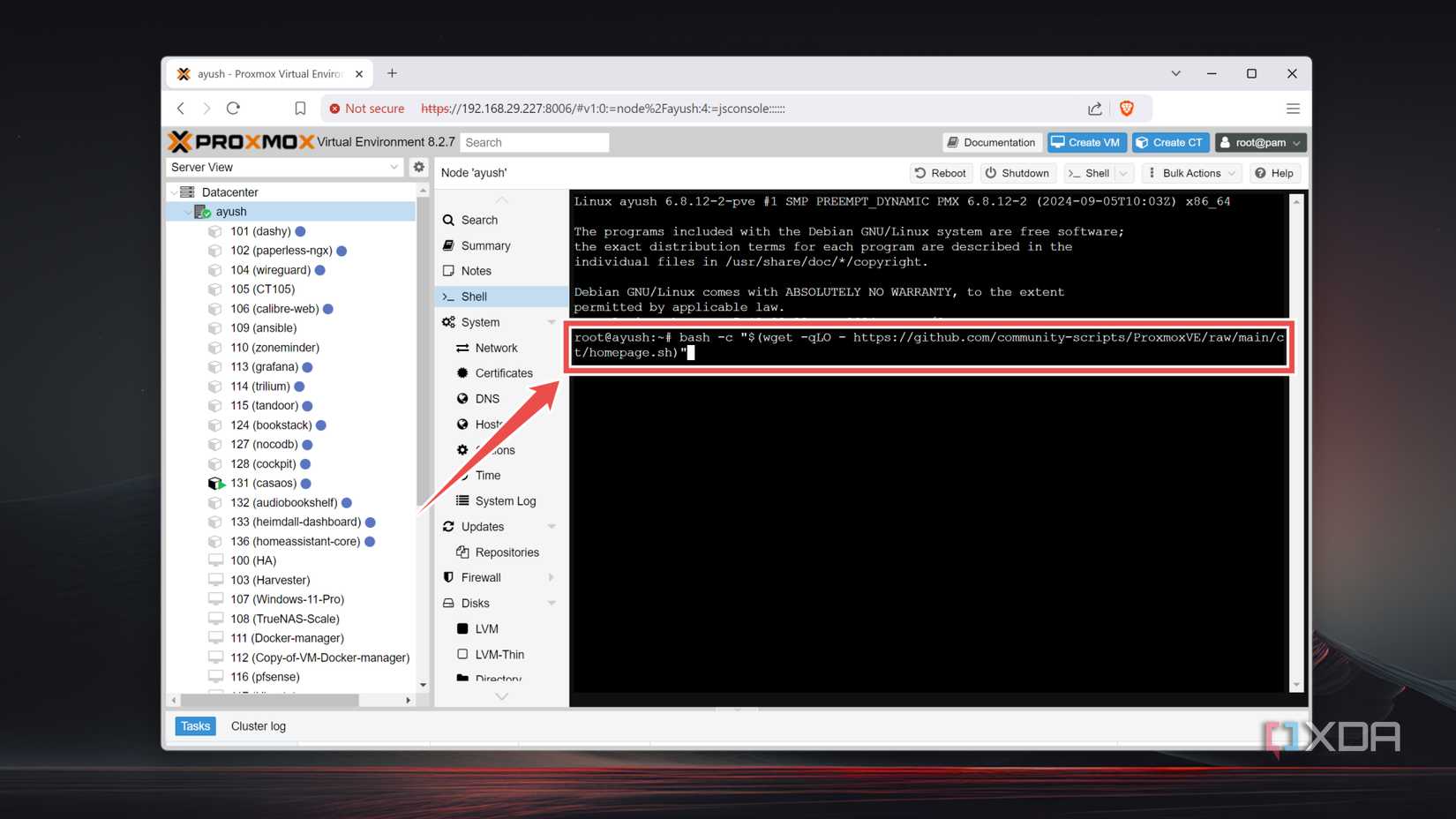Entering the code to download Homepage in Proxmox