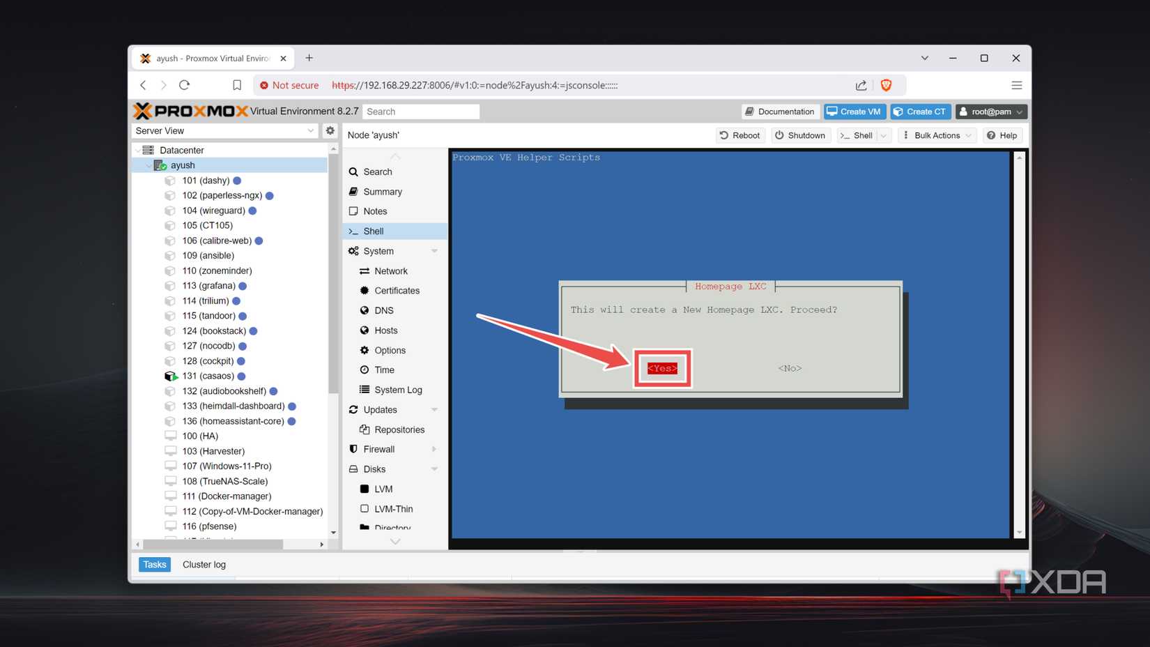 Pressing the Yes button to deploy the Homepage container