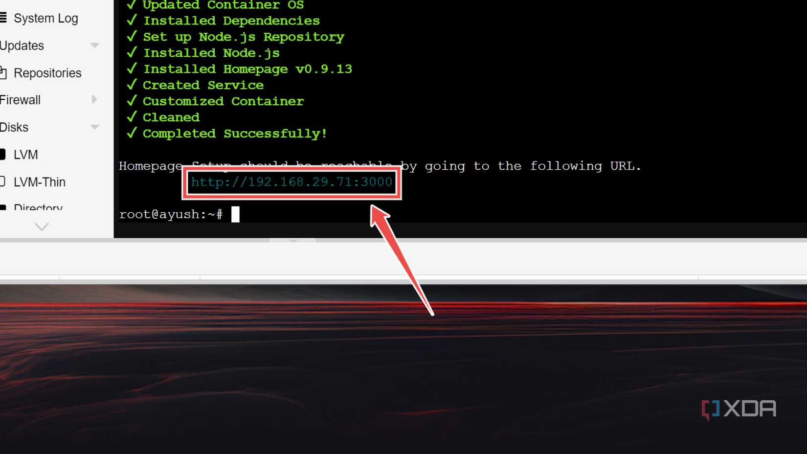 Using the IP address to open the Homepage dashboard
