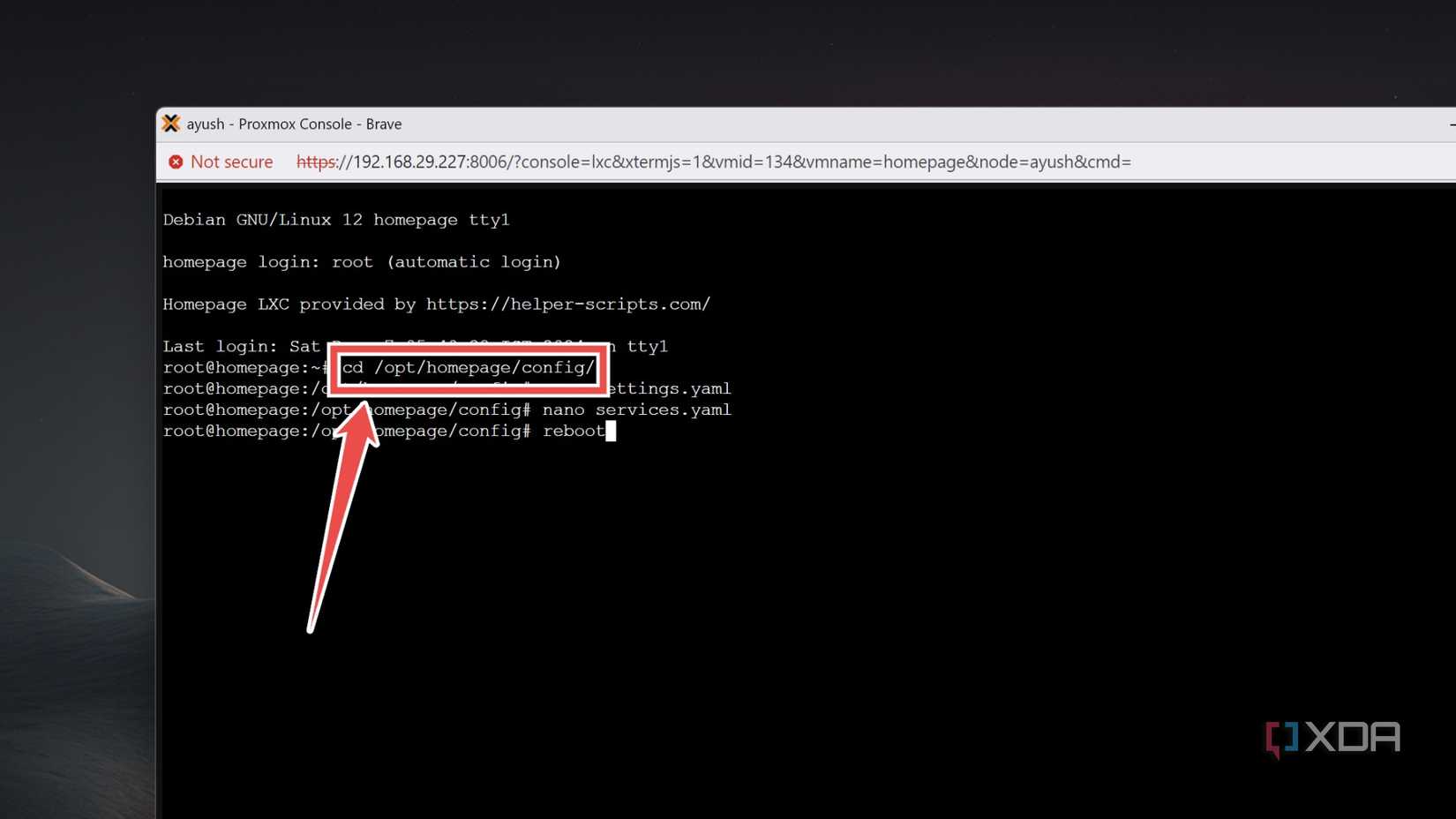 Switching to the config file of Homepage