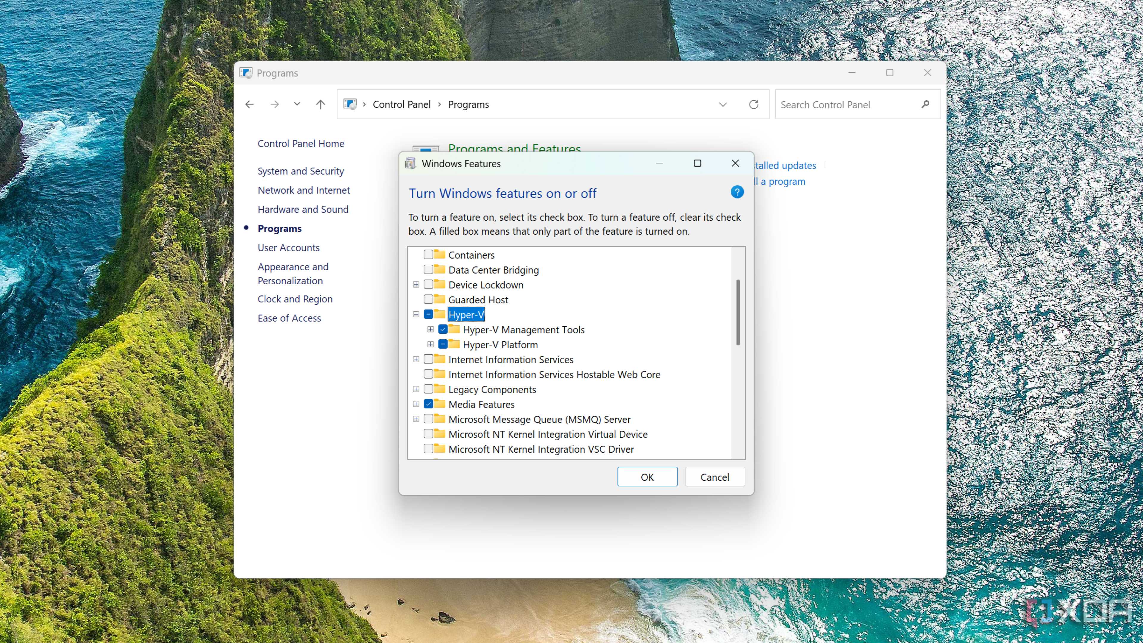 Enabling Hyper-V inside the Control Panel