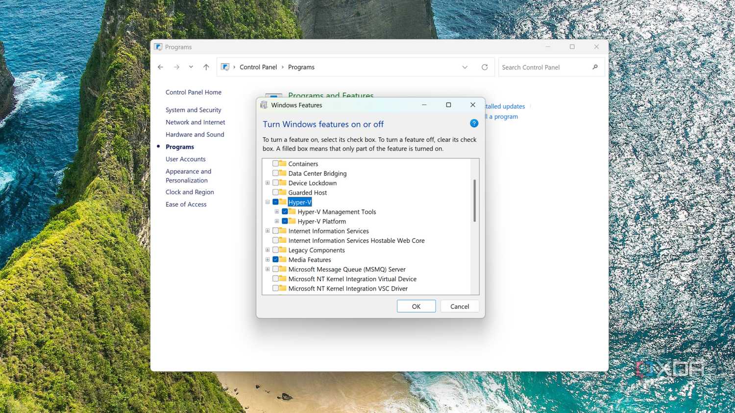 Enabling Hyper-V inside the Control Panel