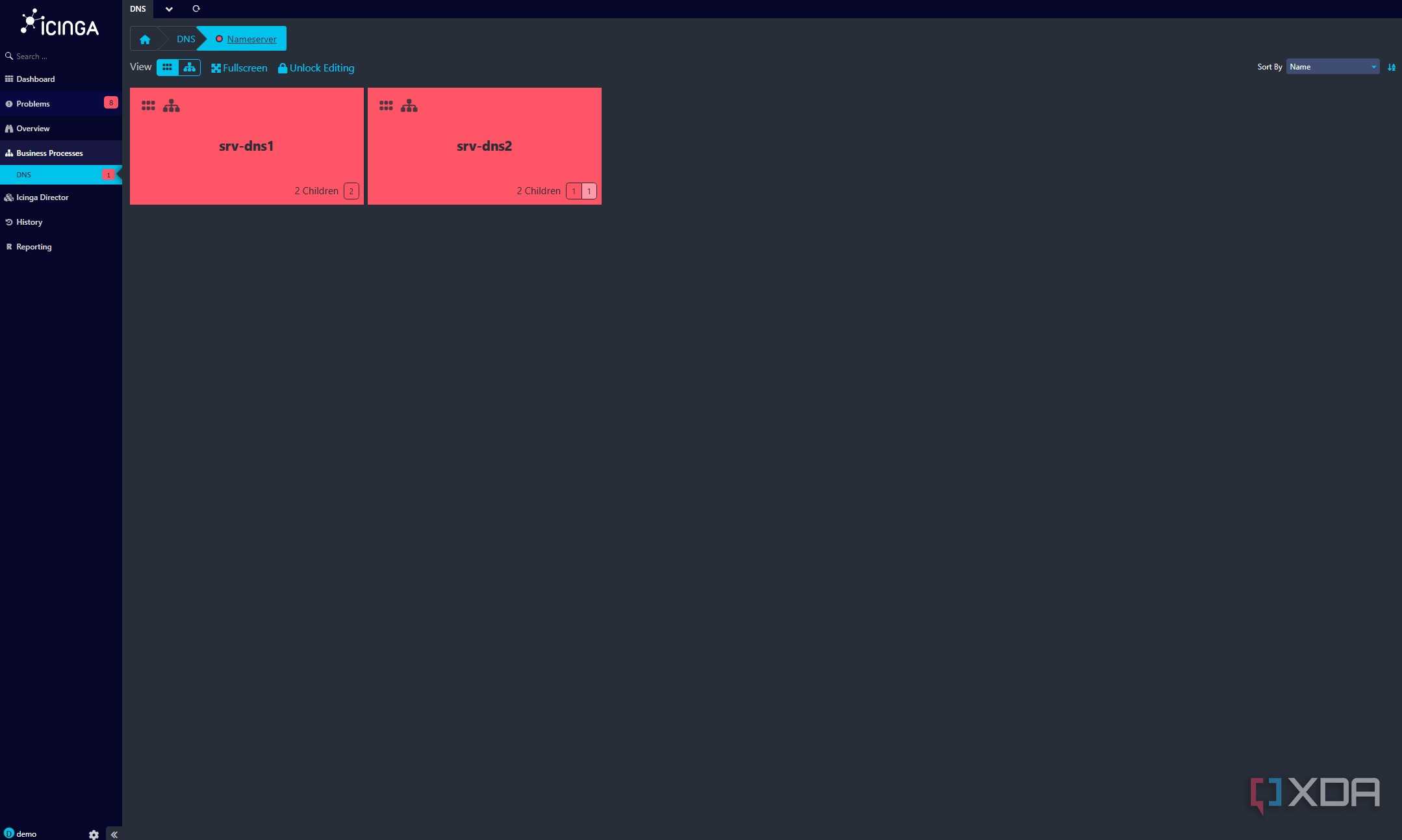 screenshot of icinga dashboard showing the dns servers view