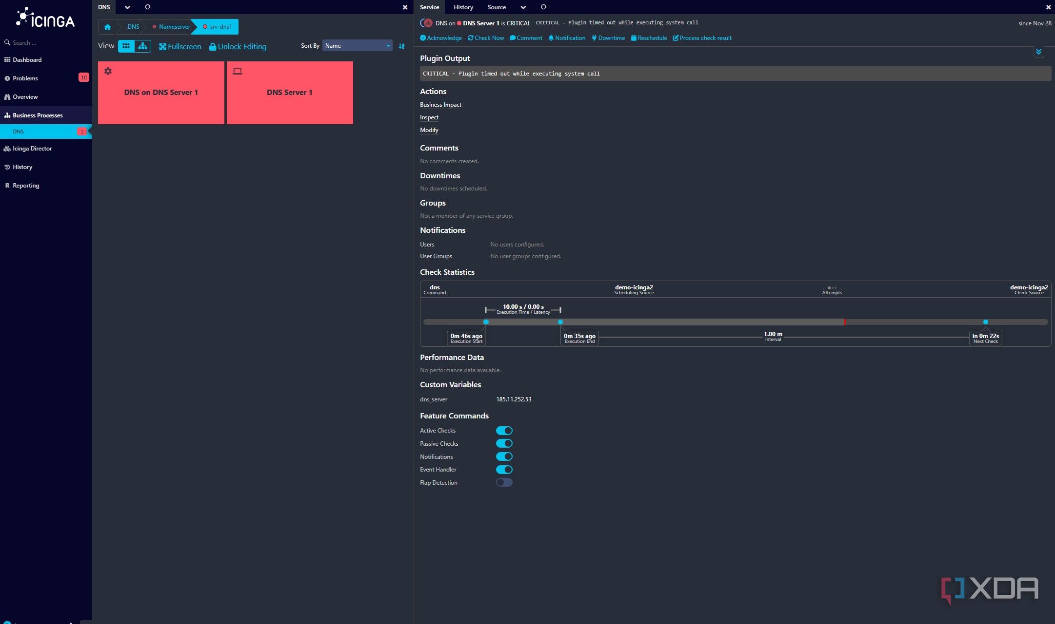 screenshot of icinga dashboard showing in depth details about a dns server
