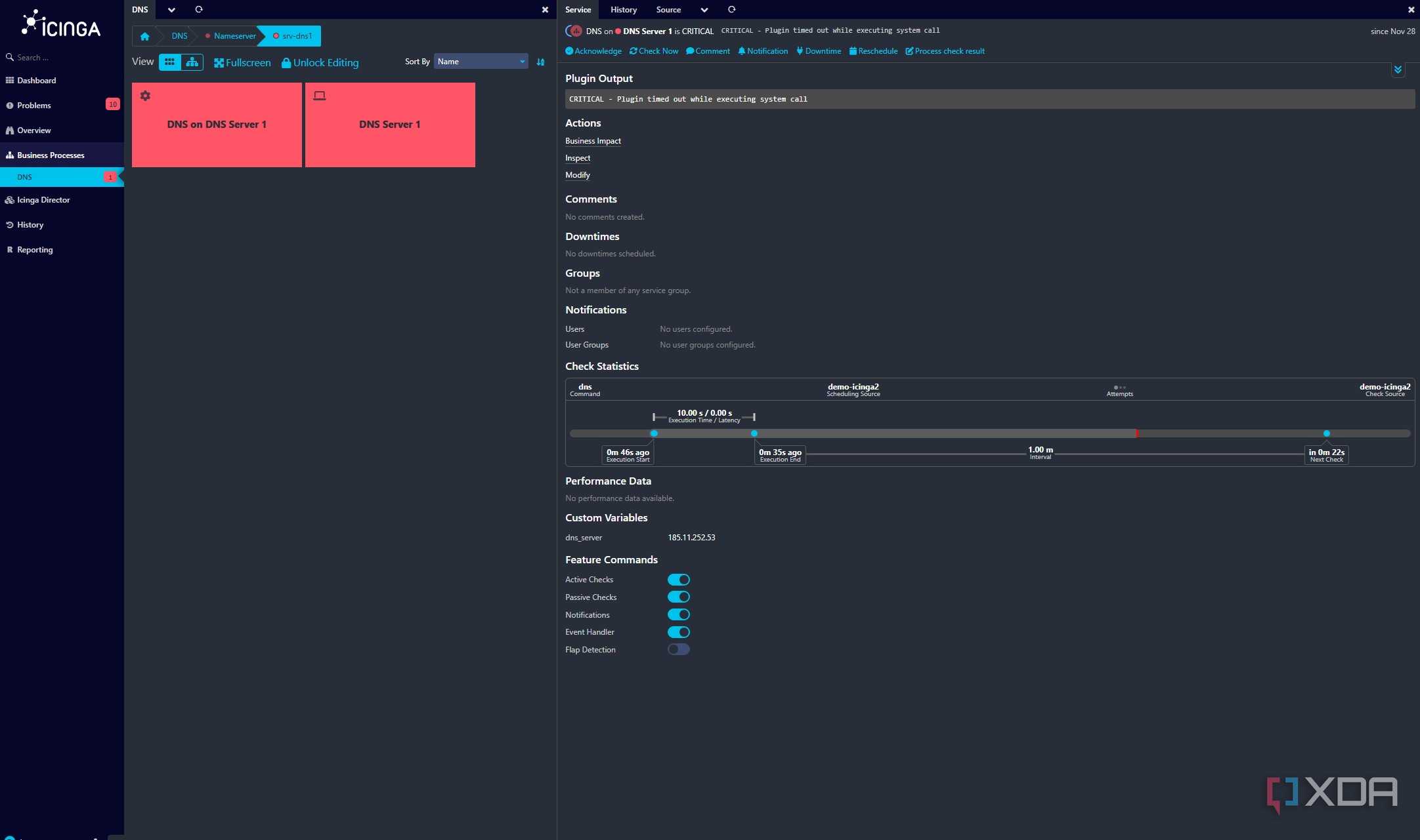 screenshot of icinga dashboard showing in depth details about a dns server