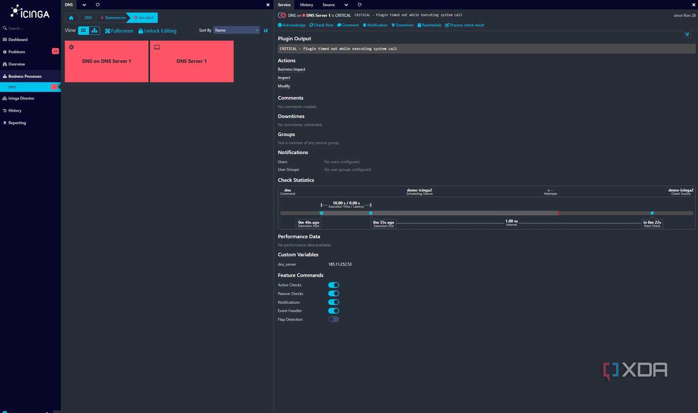 screenshot of icinga dashboard showing in depth details about a dns server