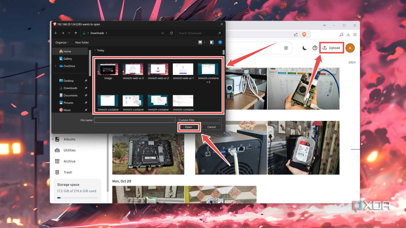 Uploading images to the Immich web UI