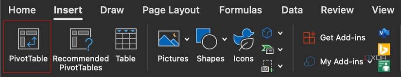 Insert PivotTable on Excel