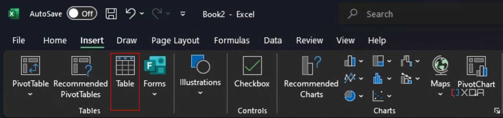 Insert table on Excel