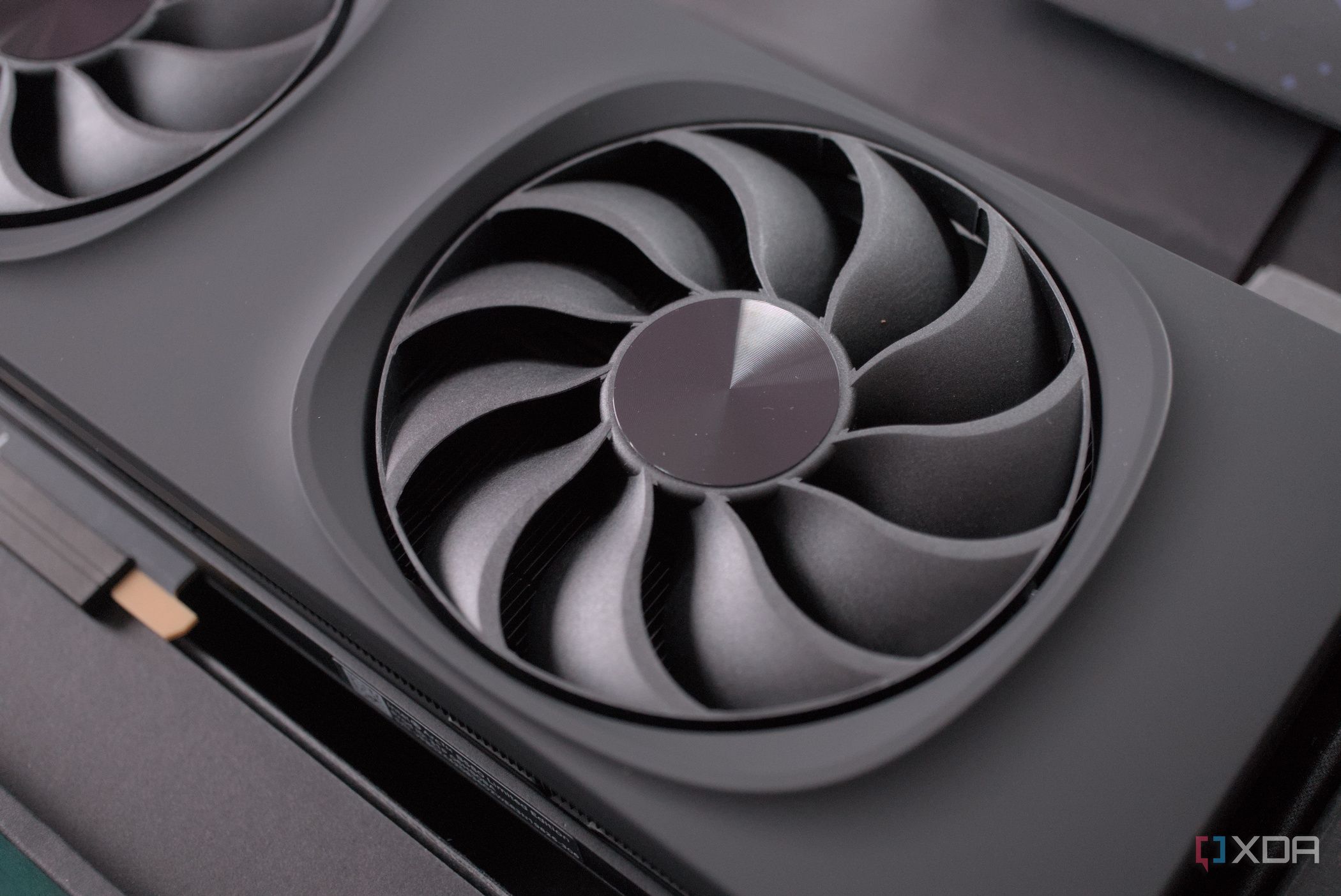 An image of the Intel Arc B580, close up of the fans.