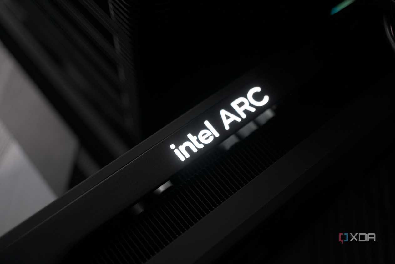 Intel Arc B580 installed, showcasing "intel ARC" branding RGB lighting