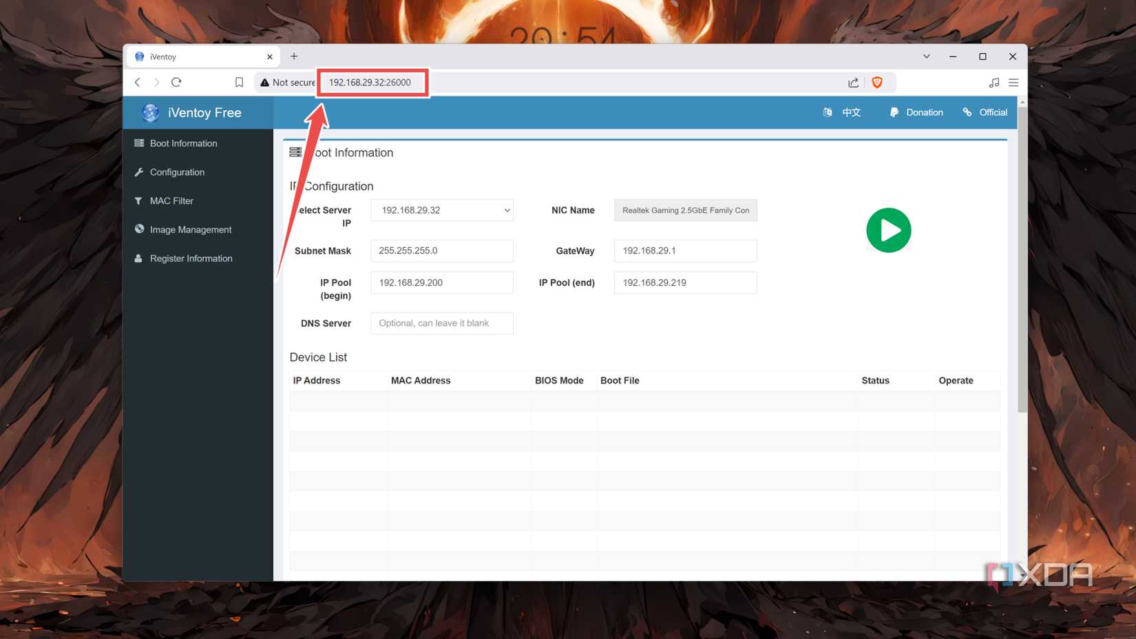 Entering the IP address of an iVentoy server