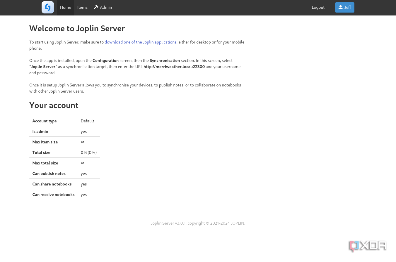 Joplin server account