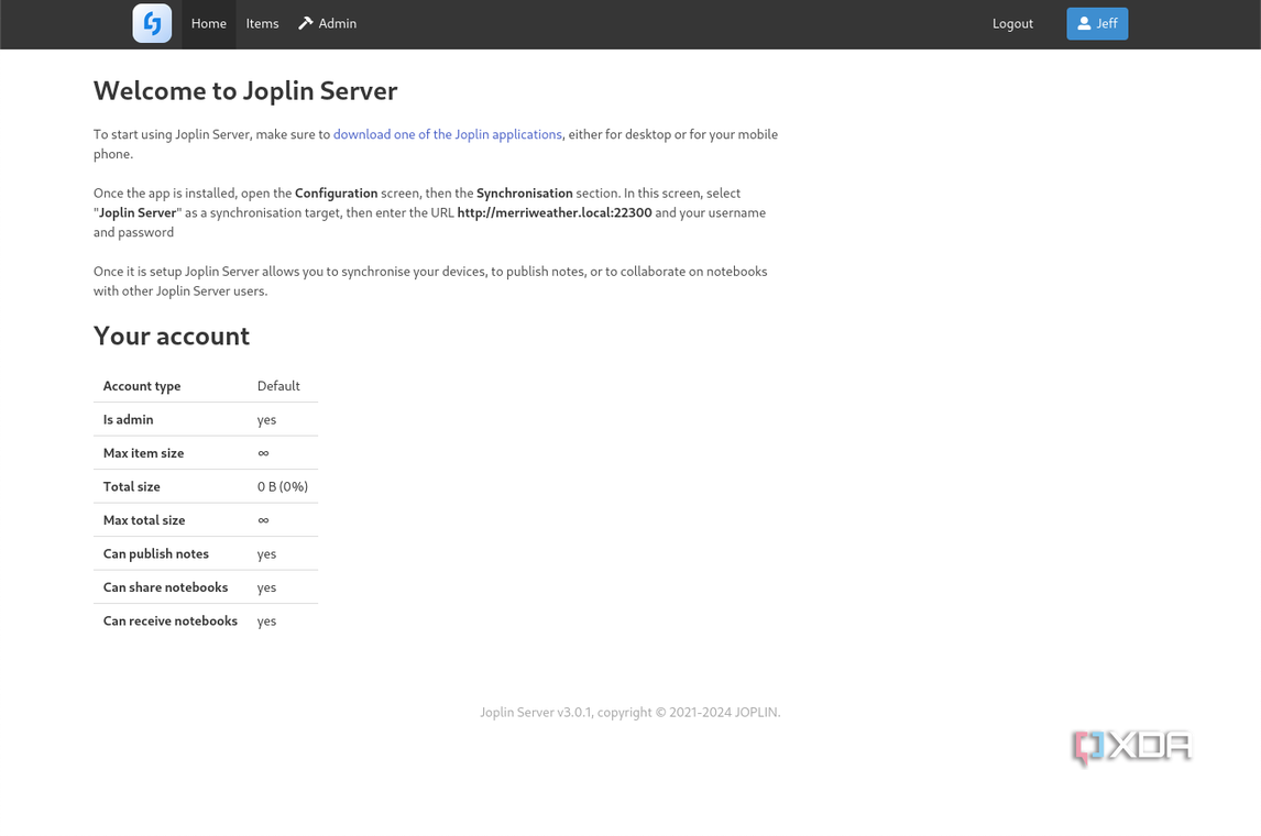 Joplin server account