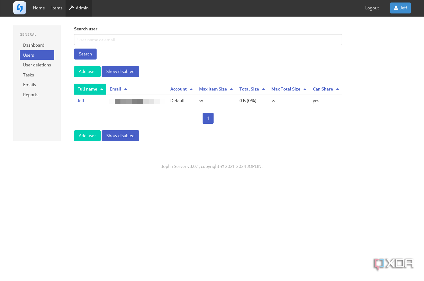 Joplin Server Admin Page