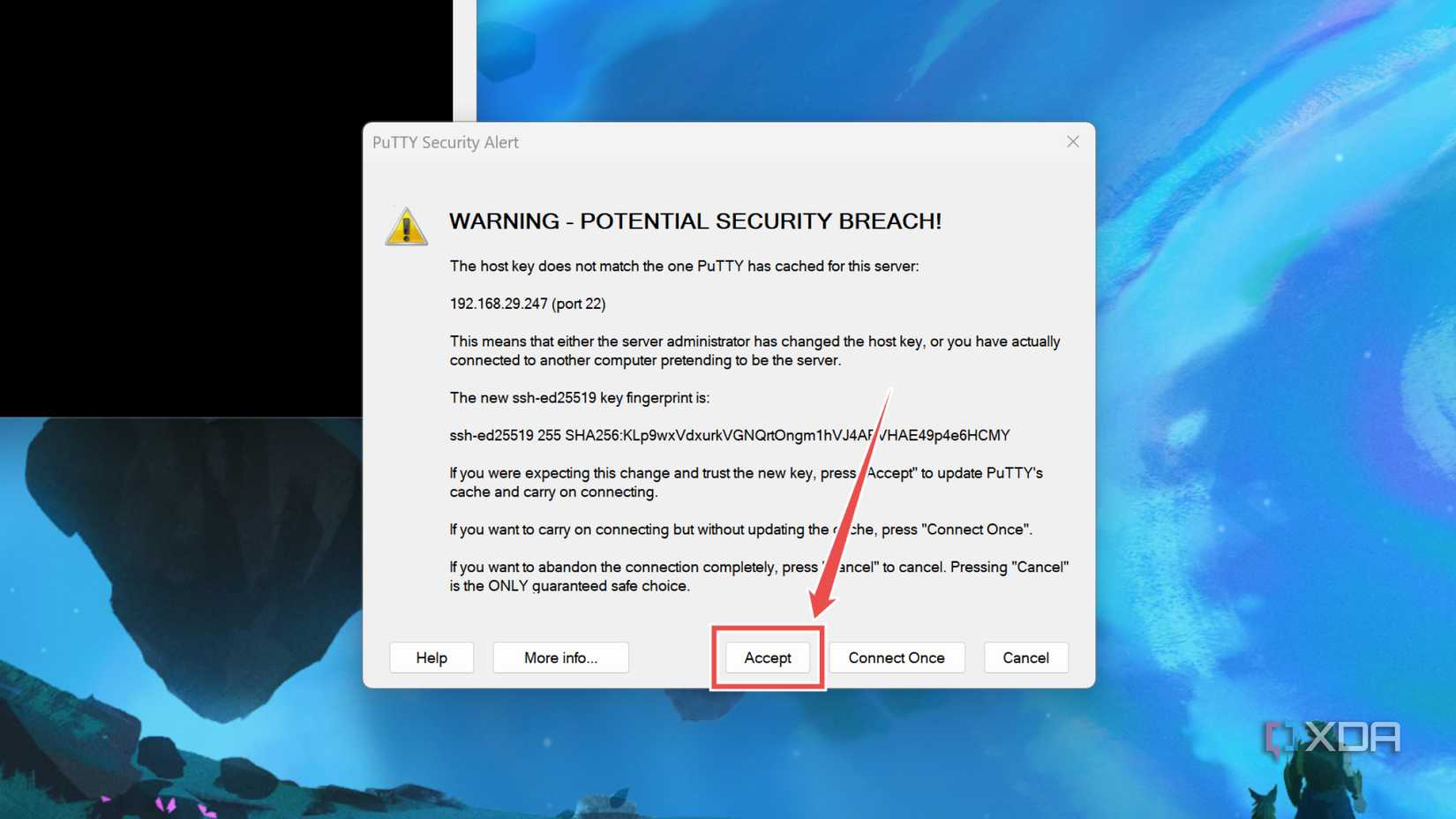 Accepting the Security Alert pop-up window in PuTTY