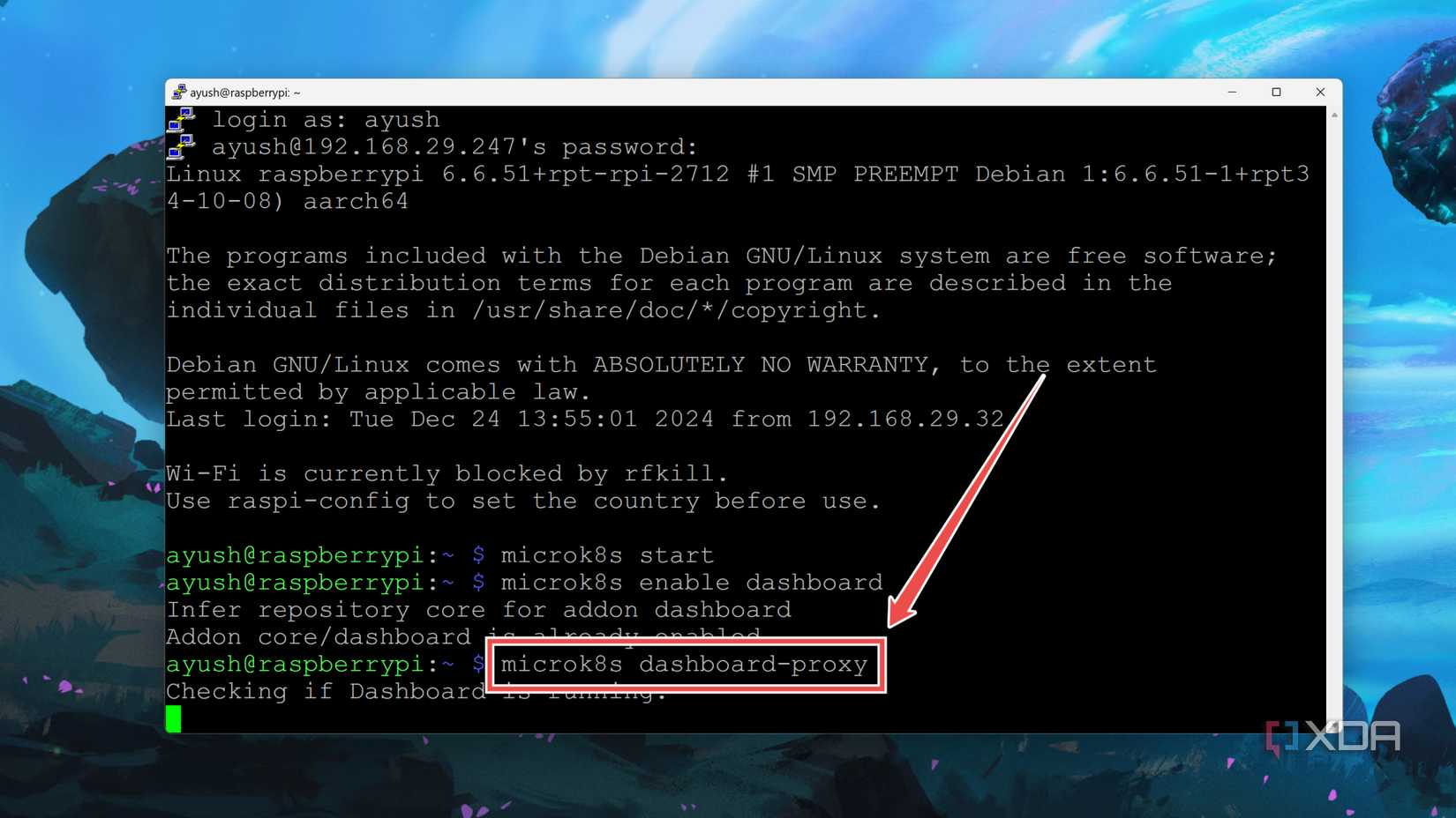 Running the MicroK8s Dashboard proxy command 