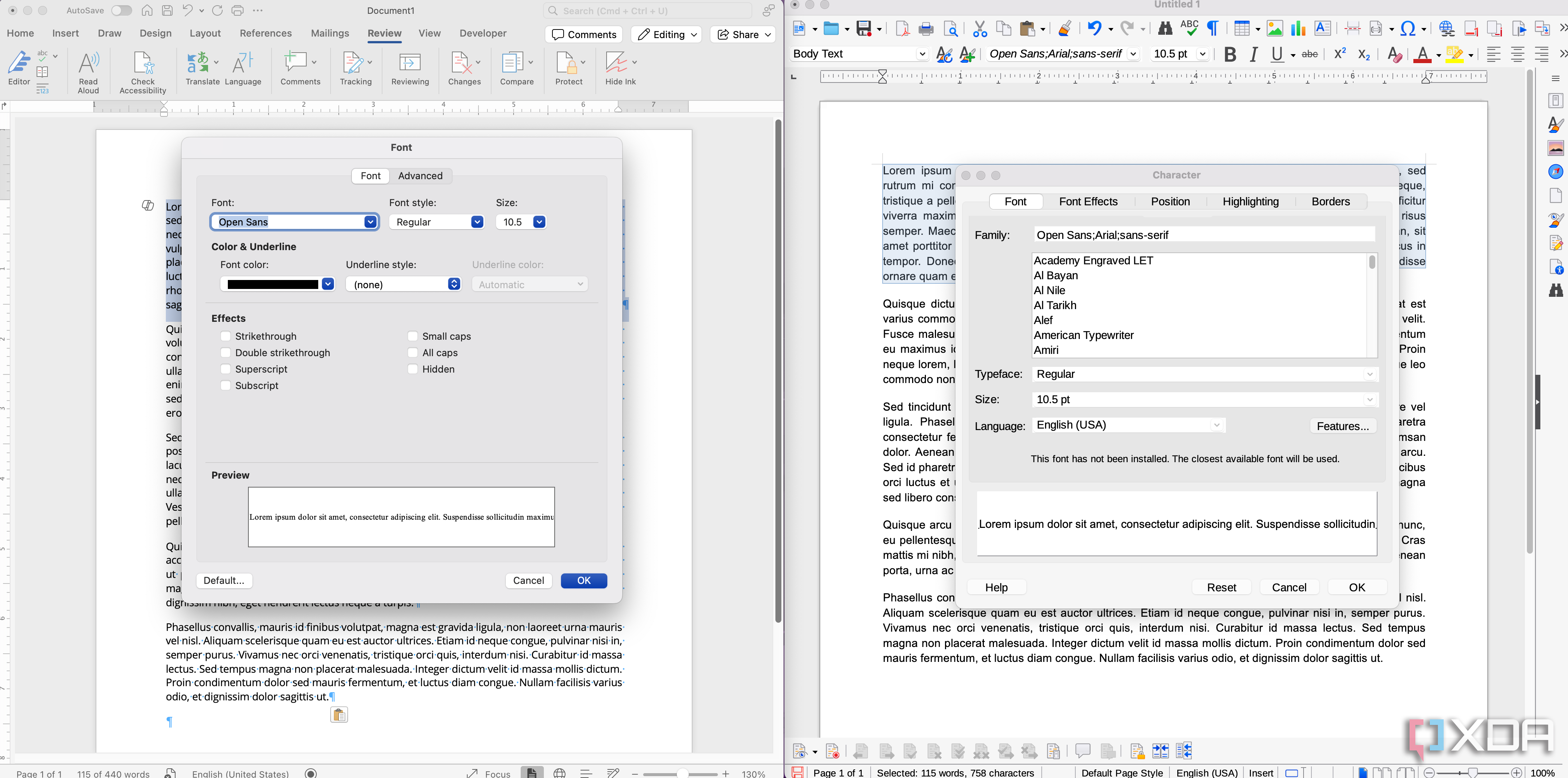 LibreOffice and Word font settings