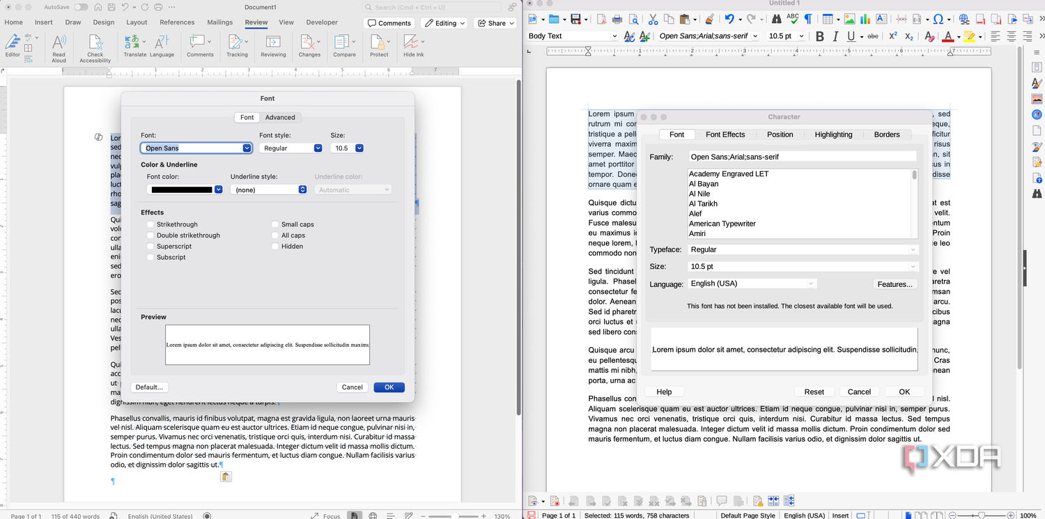 LibreOffice and Word font settings
