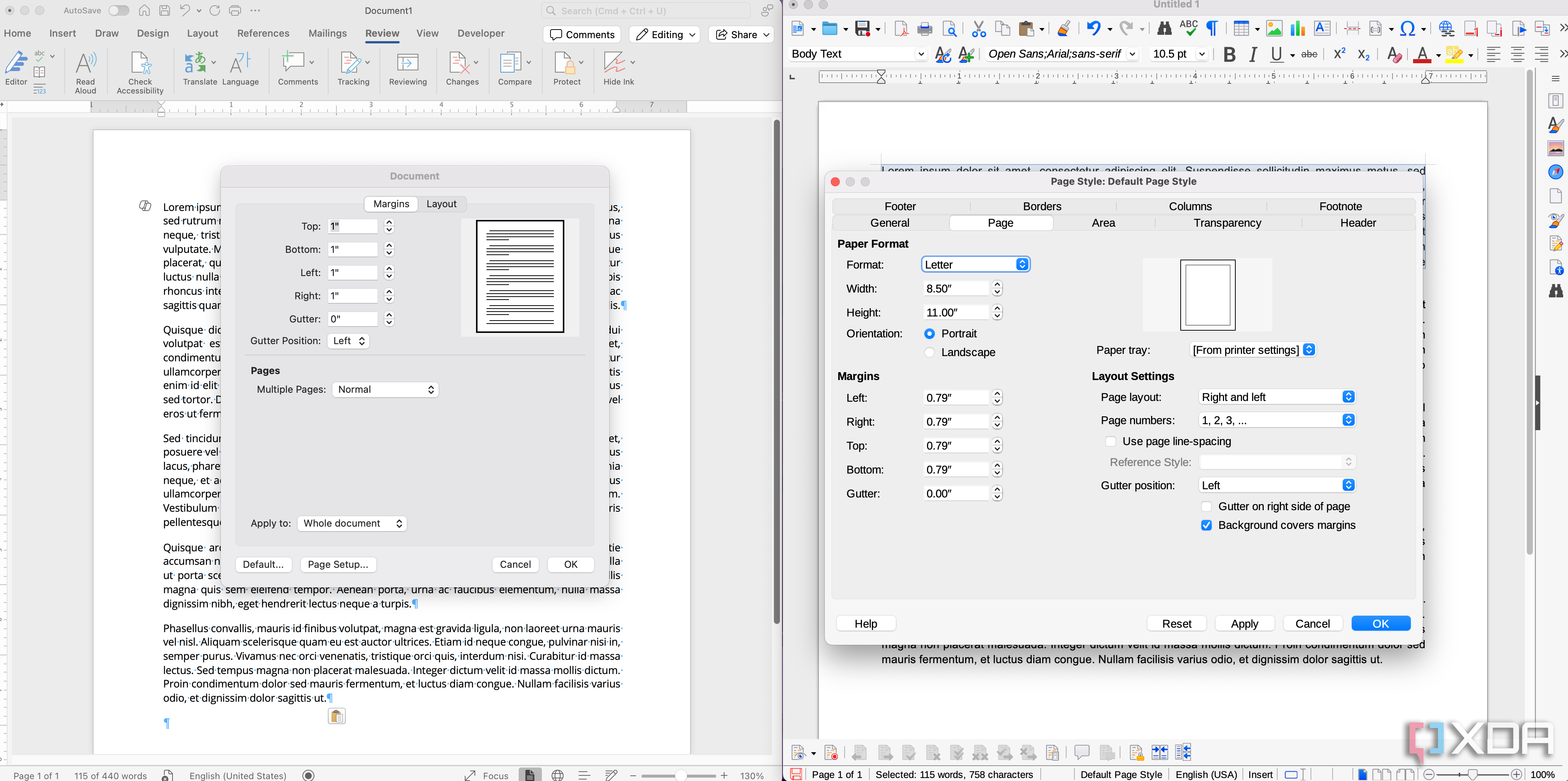 LibreOffice and Word page settings
