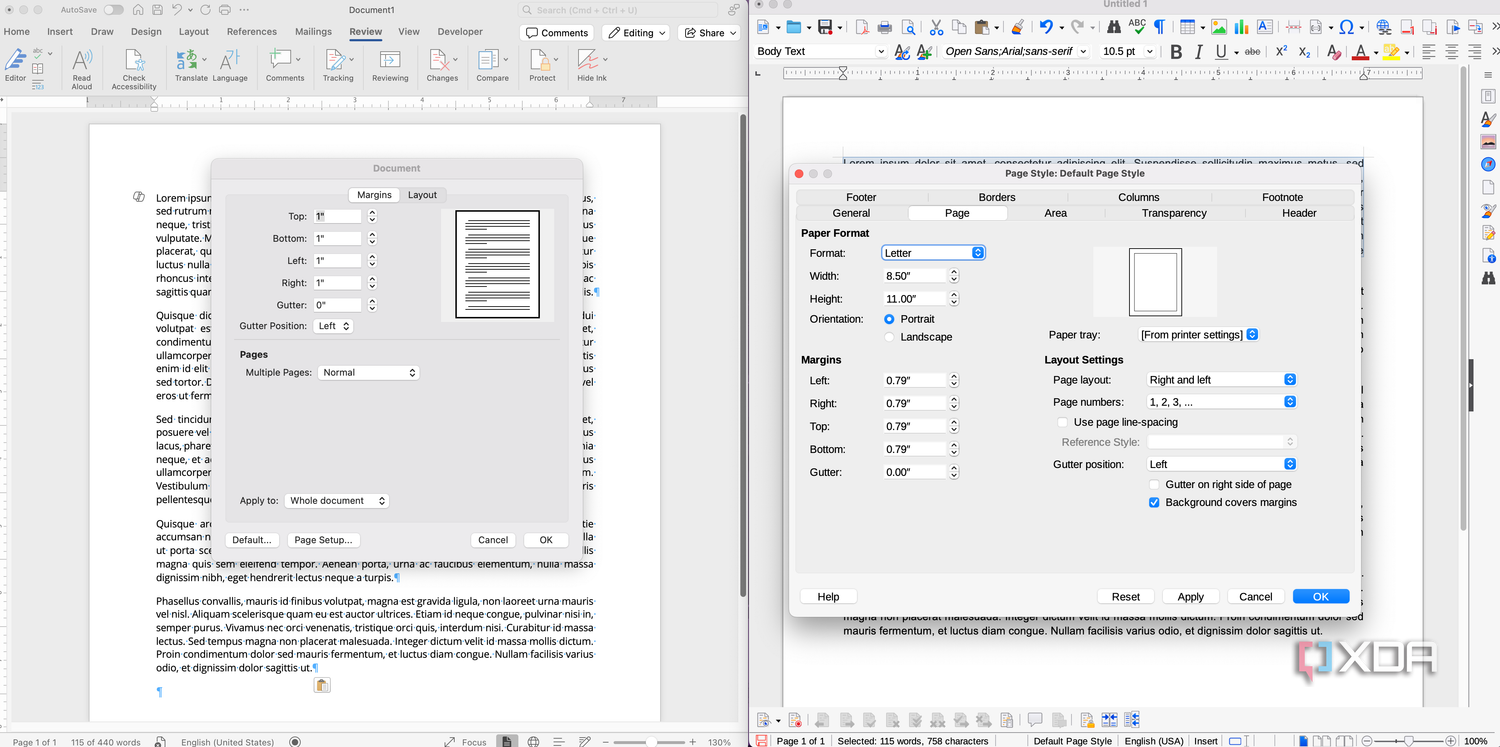 LibreOffice and Word page settings