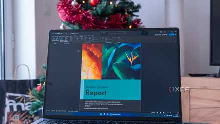 A Windows 11 laptop running Microsoft Word with a preloaded template. The ribbon is open in the Posts tab.
