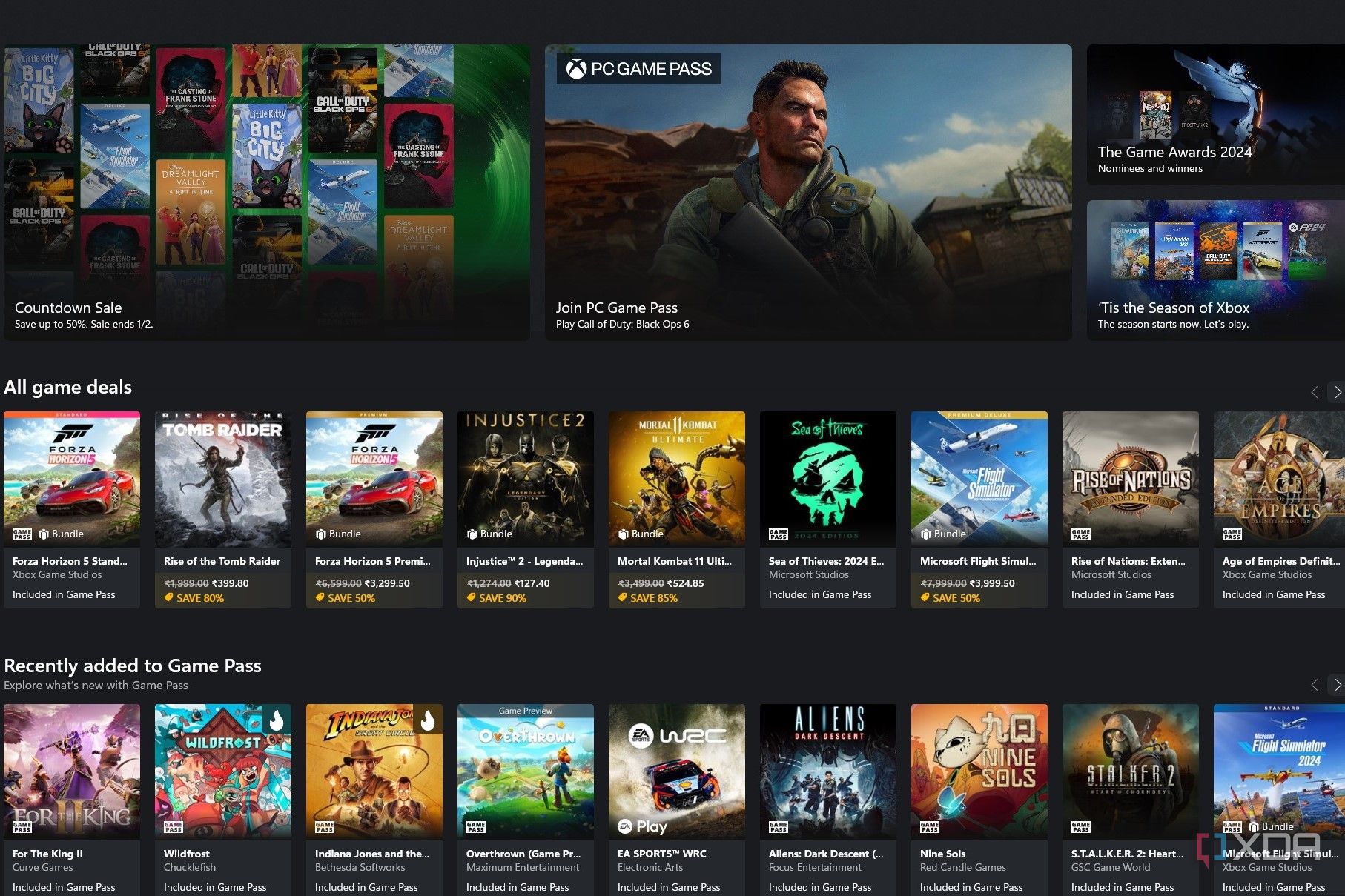 Screenshot of Xbox app showing various games