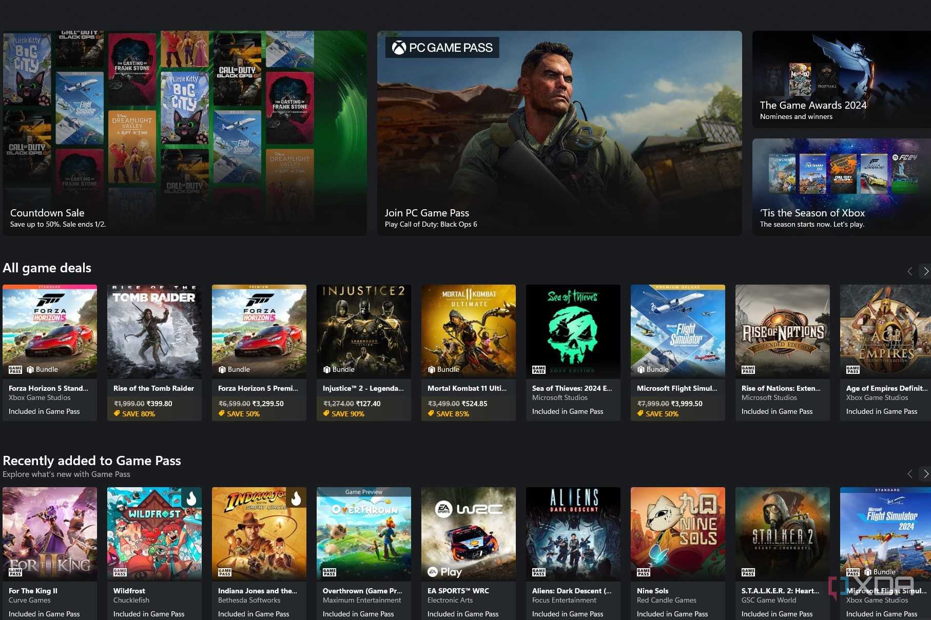 Screenshot of Xbox app showing various games