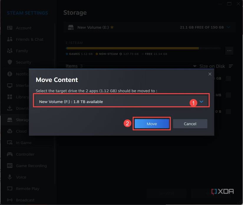 Select hard disk storage and move game