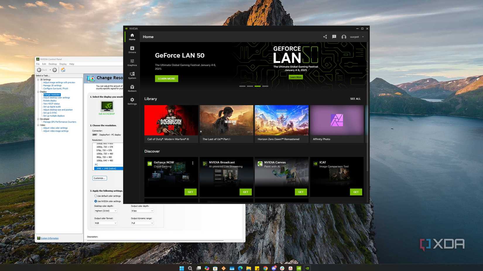 screenshot of windows 11 desktop with nvidia control panel and nvidia app open