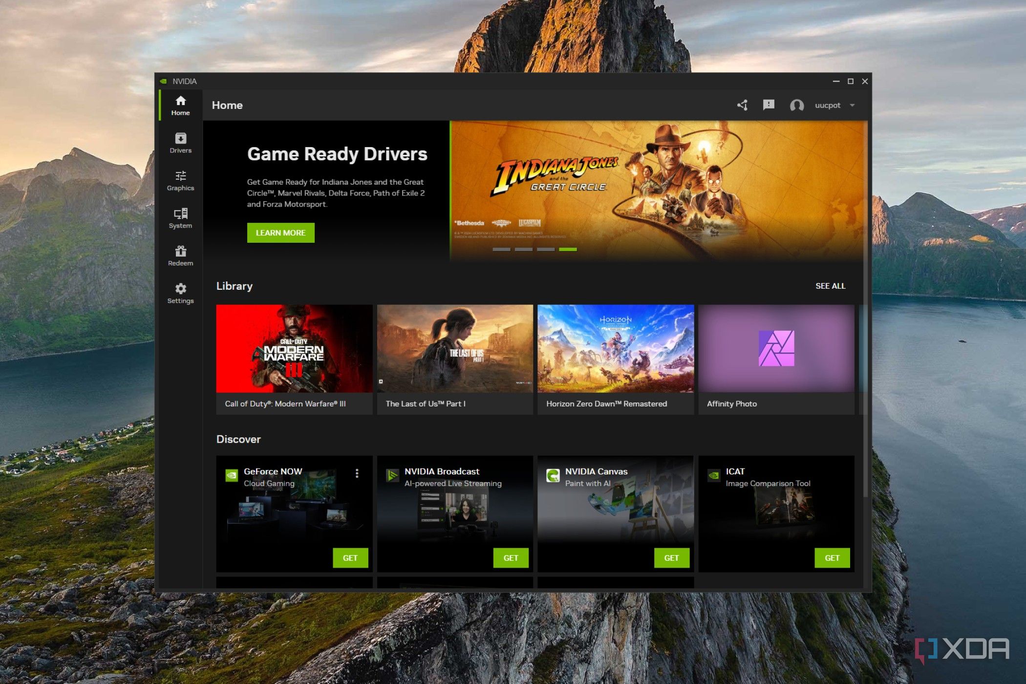screenshot of nvidia app main page