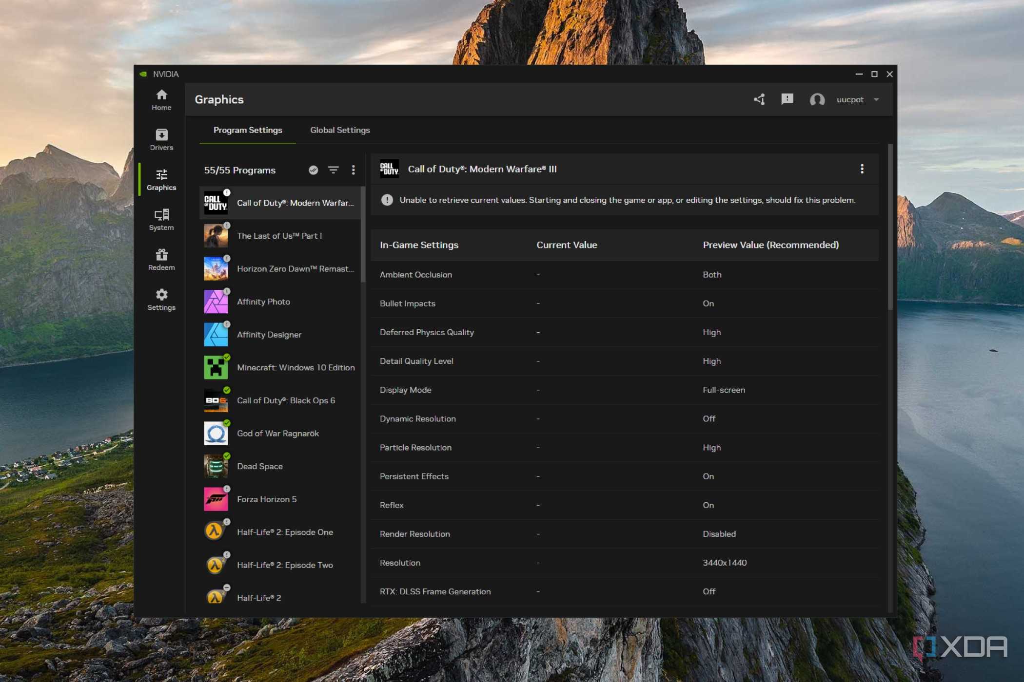 screenshot of nvidia app graphics settings page for programs