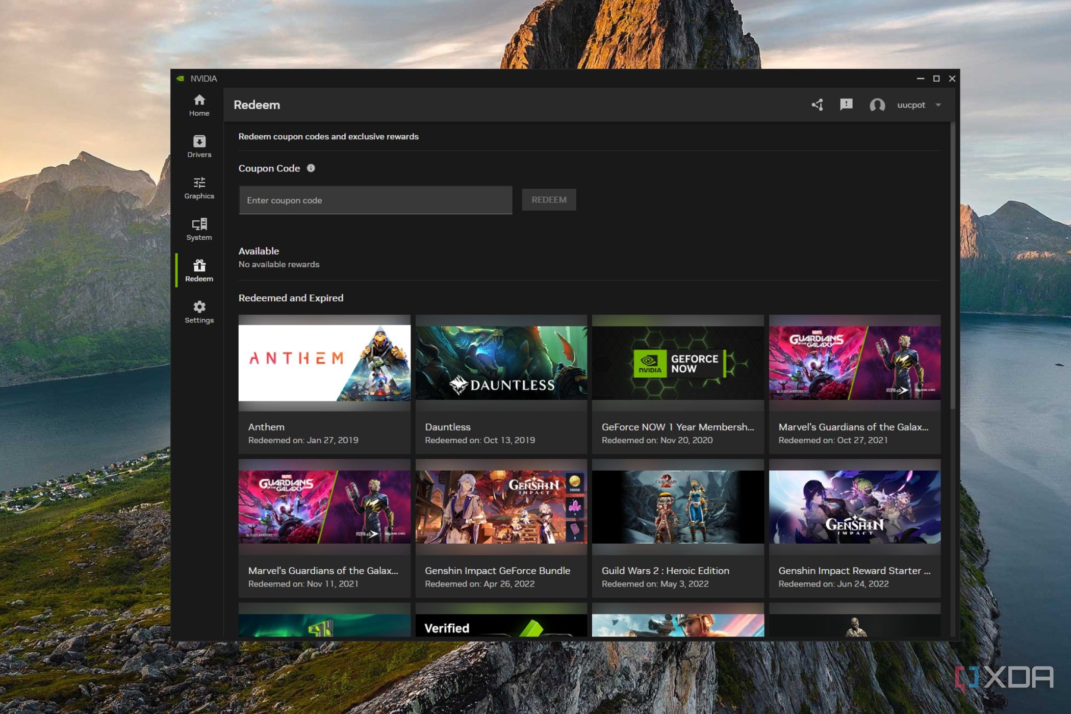 screenshot of nvidia app with the redeem page open