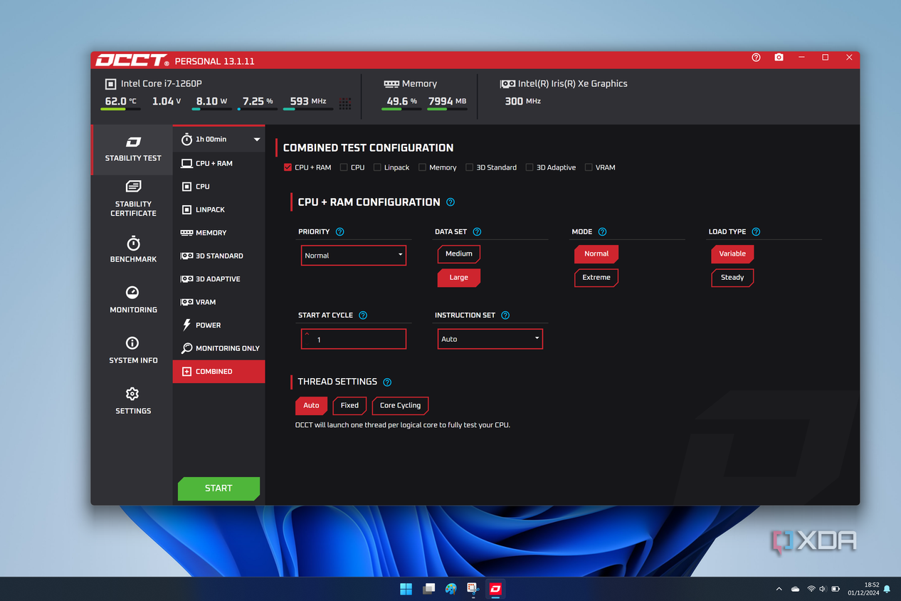 Screenshot of OCCT on Windows 11 showing the CPU + RAM testing page