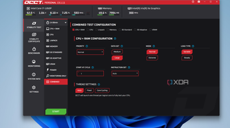 Screenshot of OCCT on Windows 11 showing the CPU + RAM testing page