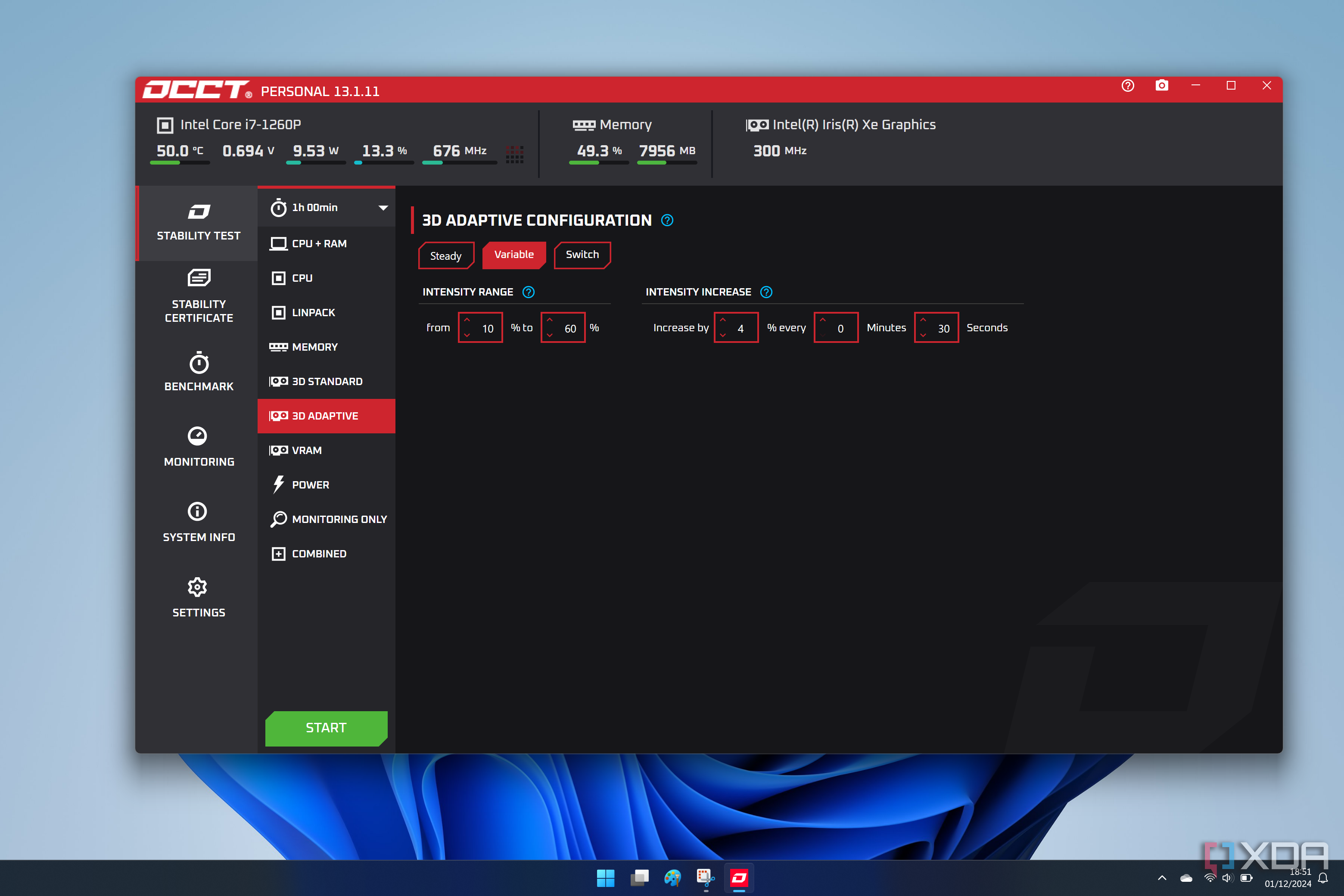 Screenshot of OCCT on Windows 11 showing the 3D adaptive test page
