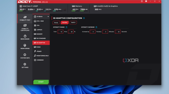 Screenshot of OCCT on Windows 11 showing the 3D adaptive test page