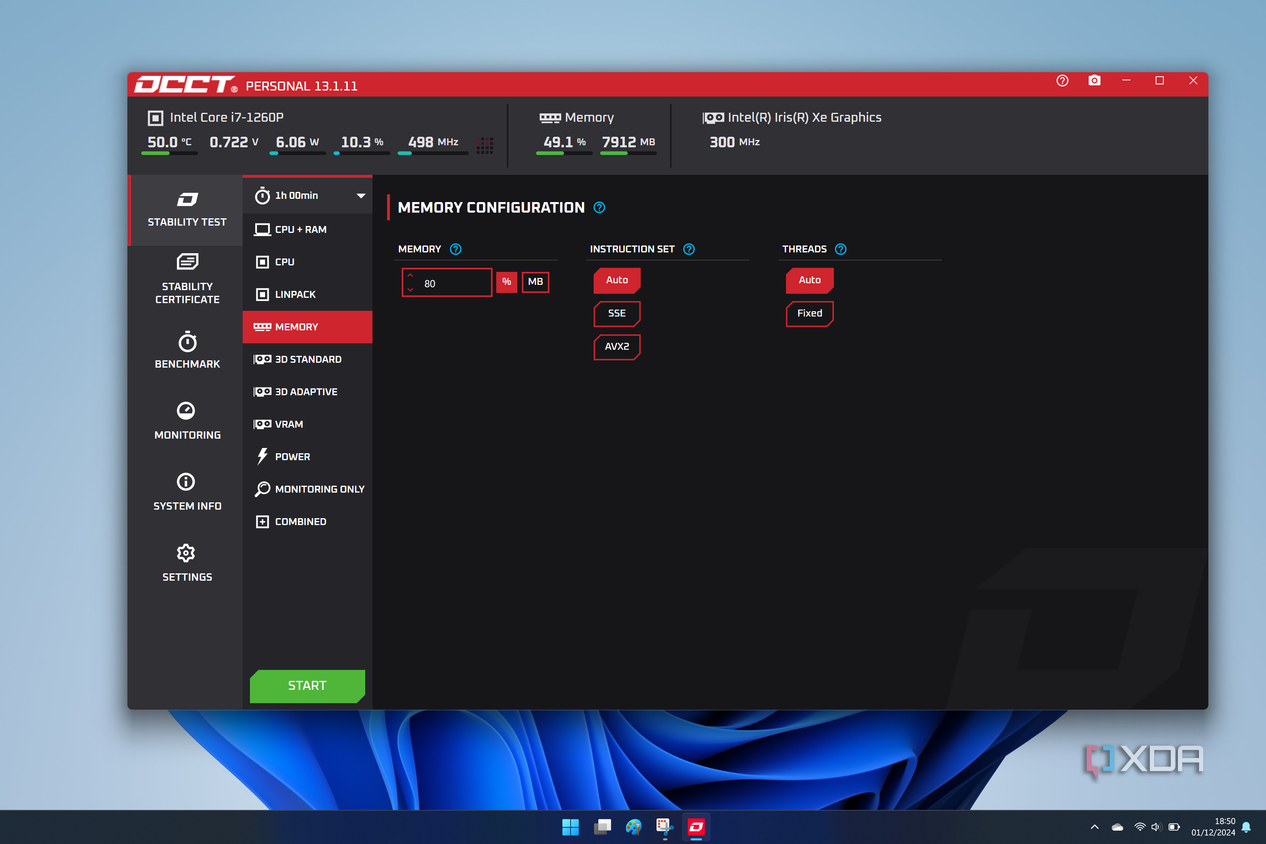 Screenshot of OCCT on Windows 11 showing the memory testing page