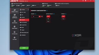 Screenshot of OCCT on Windows 11 showing the memory testing page