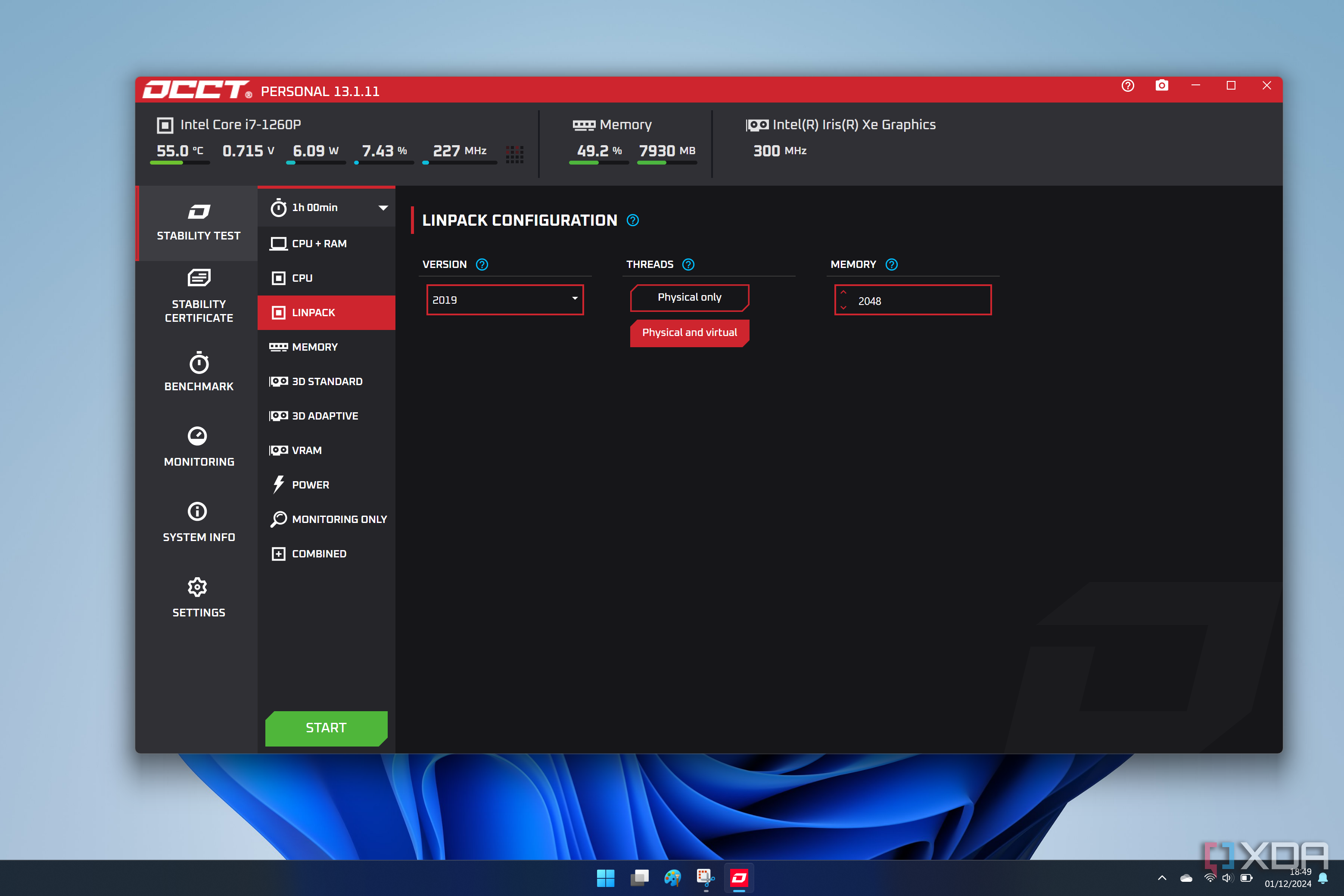 Screenshot of OCCT on Windows 11 showing the Linpack testing page